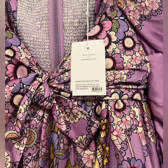NEW Zimmerman Cosmic Twist Front purple bow ruched sleeve flare dress - Picture 8 of 16